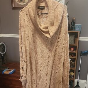 Lane Bryant Tan Cowl Neck Poncho with Cable Knit